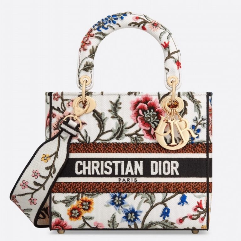 Dior Lady D-Lite Medium Bag Fake in White Dior Petites Fleurs Embroidery