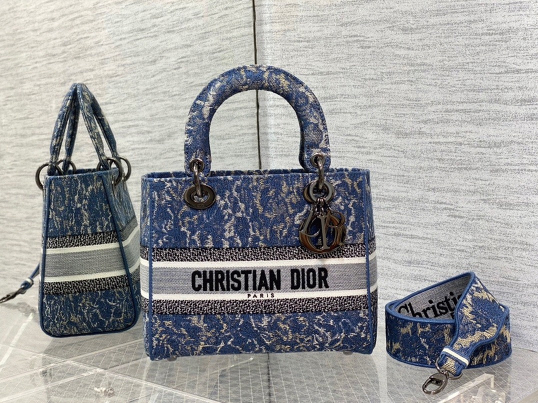 Dior Lady D-Lite Medium Bag Replica in Blue Brocart Denim-Effect Embroidery angle 3