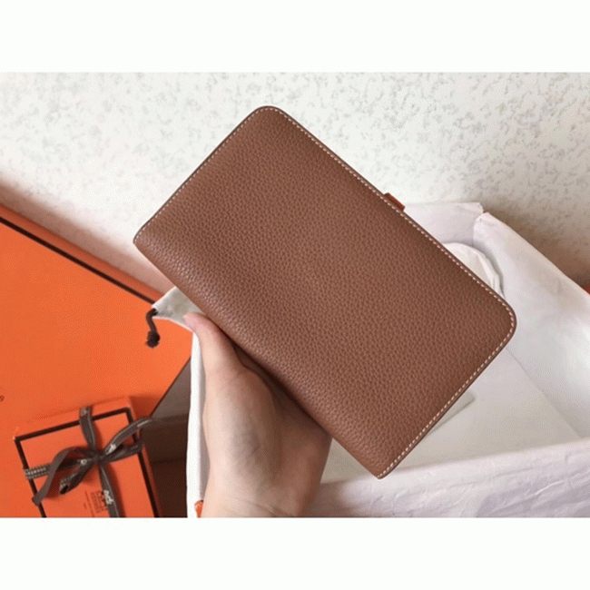 Brown orange replica Hermes Dogon duo wallet angle 2