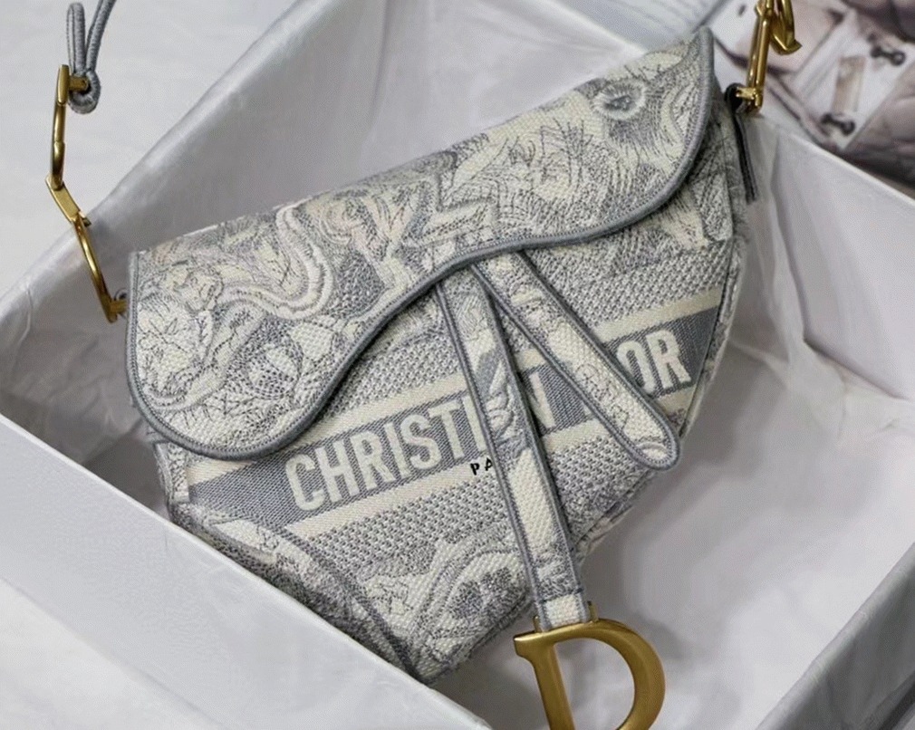 Dior Saddle Bag Fake in Grey Toile de Jouy Embroidery angle 2