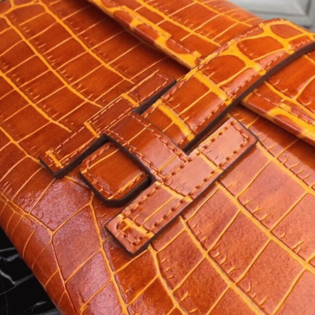 Orange crocodile leather knockoff Hermes Jige Elan clutch bag angle 5