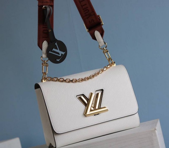 Louis Vuitton Epi Leather Twist MM Bag In Optic White With Jacquard Strap