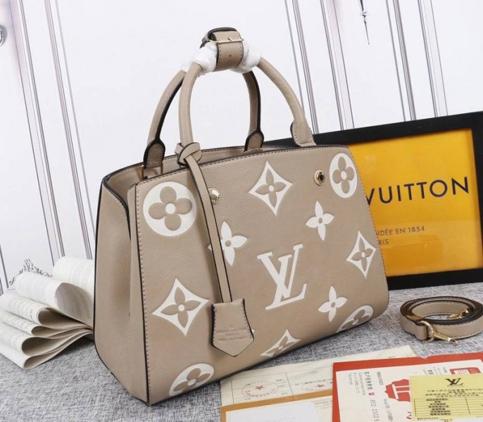Louis Vuitton Monogram Empreinte Montaigne MM In Tourterelle Gray angle 5