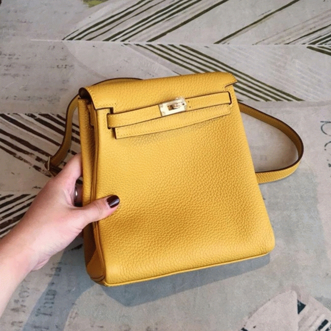 Yellow Clemence Fake Hermes Kelly Ado PM Backpack angle 3