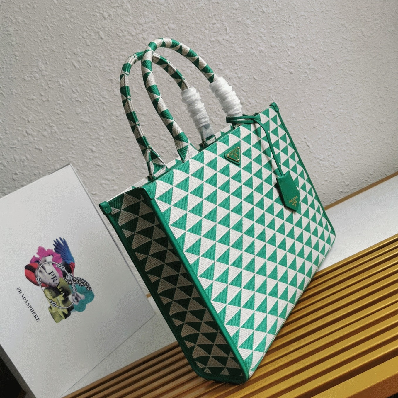 Prada Symbole Large Bag Fake in Green/White Jacquard Fabric angle 2