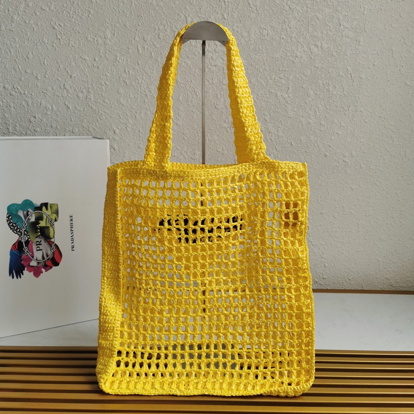 Prada Small Tote Bag Replica in Yellow Woven Raffia angle 3