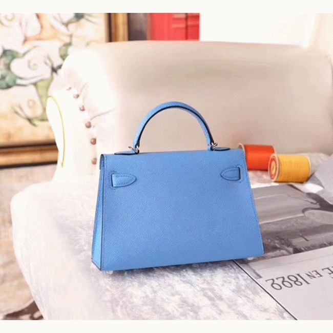 Celeste Epsom Replica Hermes Kelly 20cm Soft Blue Purse angle 2