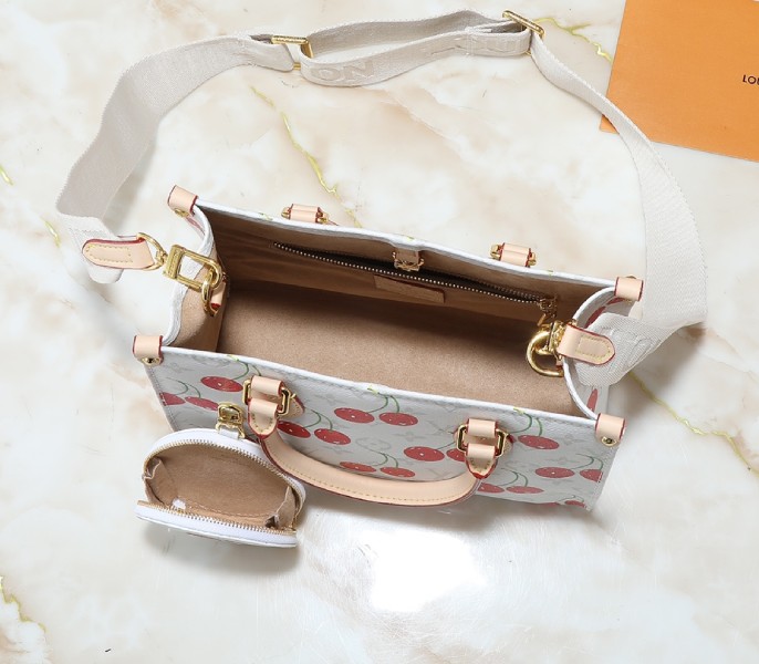 LV X TM Monogram Cherry Canvas Onthego PM In White angle 5