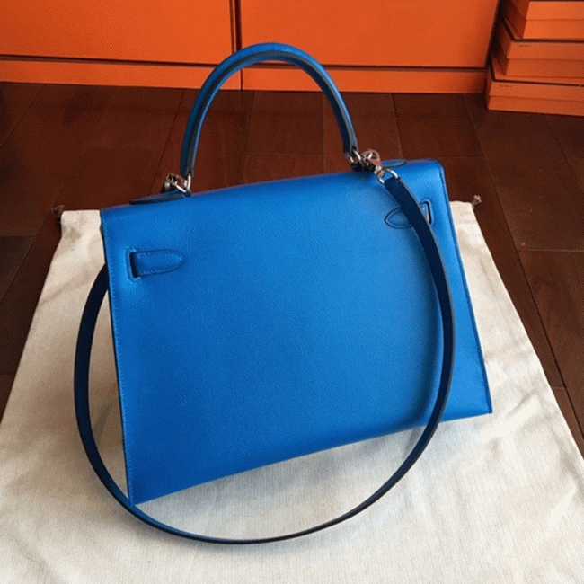 Blue Epsom Fake Hermes Kelly 32cm Sellier Fashion Handbag angle 3