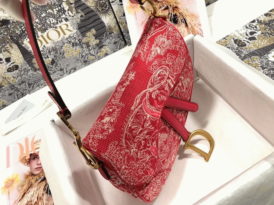 Dior Saddle Bag Imitation in Red Toile de Jouy Reverse Jacquard angle 3