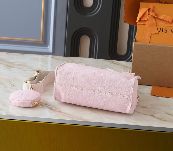 Monogram Denim OnTheGo PM In Washed Pink angle 3