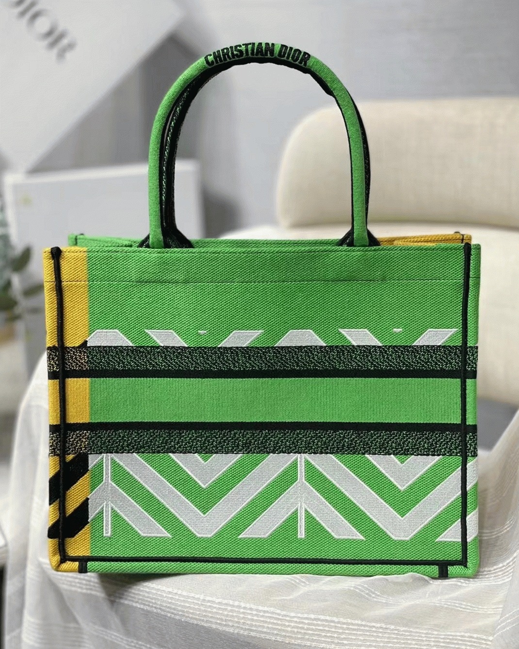 Dior Medium Book Tote Bag Faux in Green D-Jungle Pop Embroidery angle 3