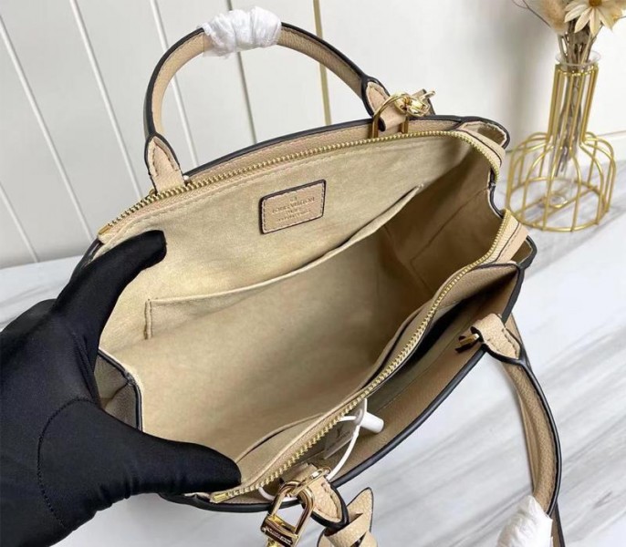 Louis Vuitton Bicolor Monogram Empreinte Leather Petit Palais Handbag In Tourterelle Gray And Cream angle 5