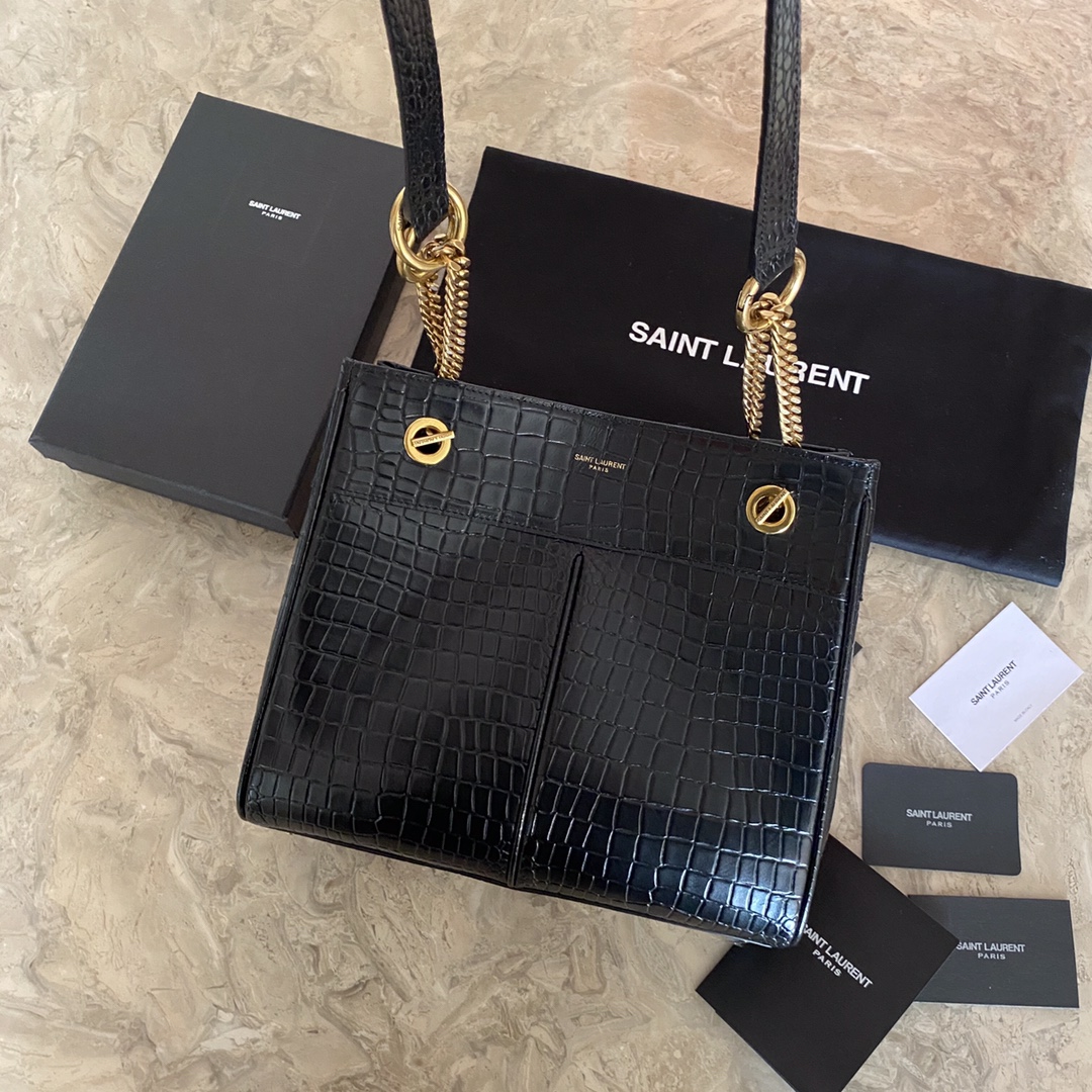 YSL Saint Laurent classic reproduction crocodile pattern shopping bag with detachable chain, bronze metal chain angle 2
