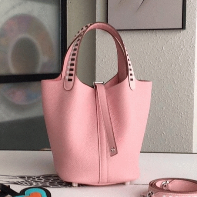 Pink replica Hermes Picotin Lock 22cm handbag with braided handles
