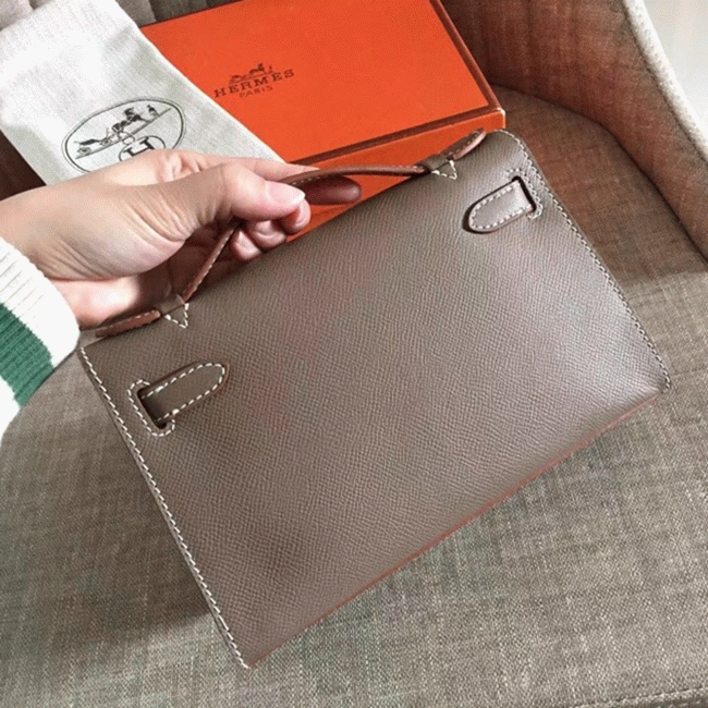 Etoupe Epsom Top Replica Hermes Kelly Pochette Mini Handbag angle 4