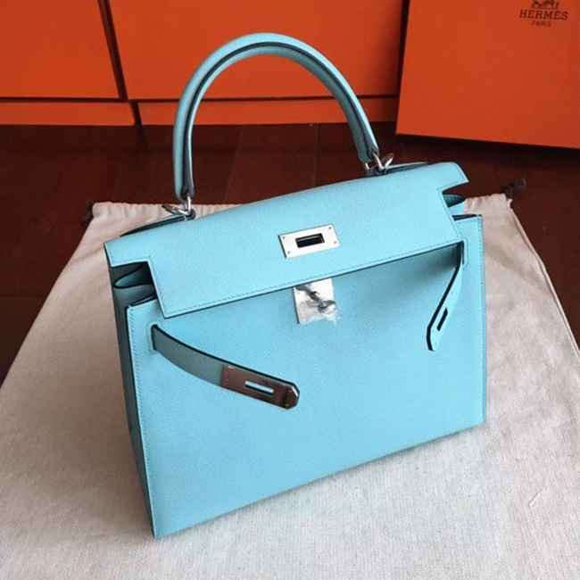Blue Atoll Epsom Replica Hermes Kelly Sellier 28cm Vibrant Purse angle 4