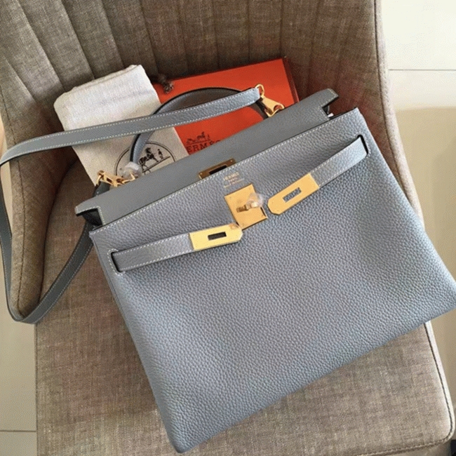 Blue Lin Clemence Fake Hermes Kelly Retourne 32cm Soft Handbag angle 5