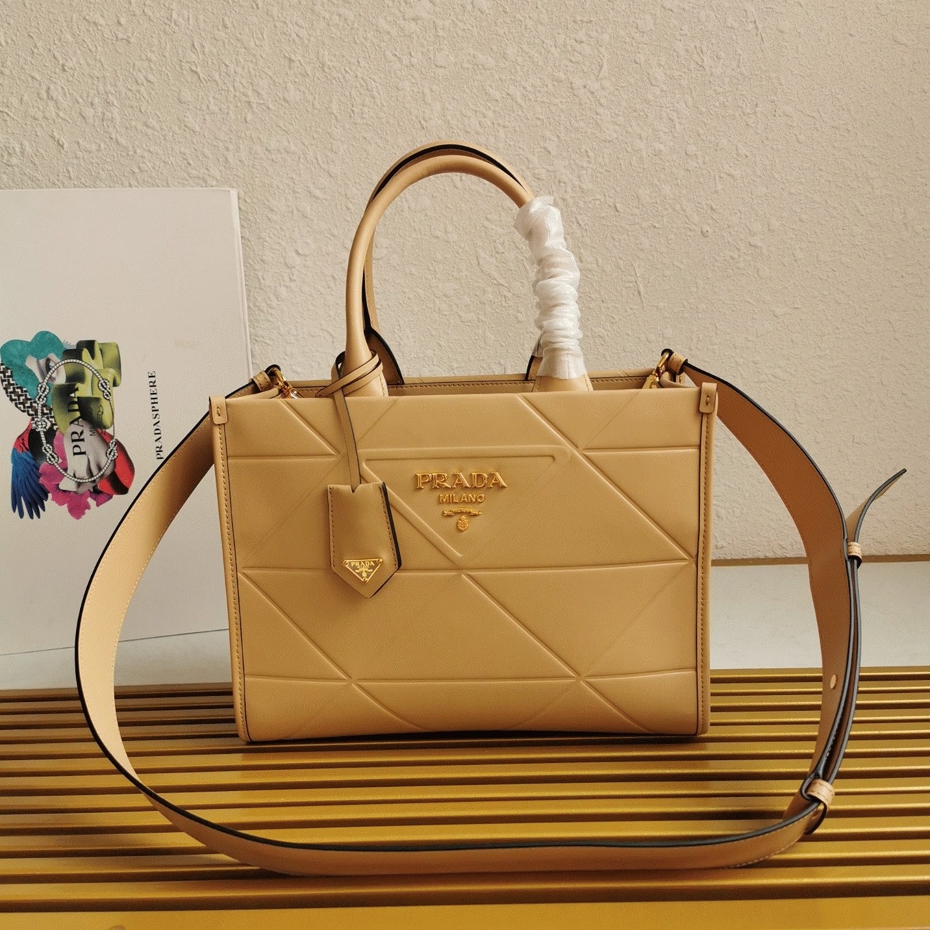 Prada Symbole Small Bag Imitation with Topstitching in Beige angle 5