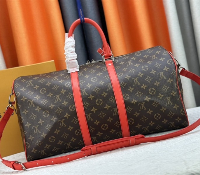 Louis Vuitton Monogram Macassar Canvas Keepall Bandouliere 50 In Red angle 3