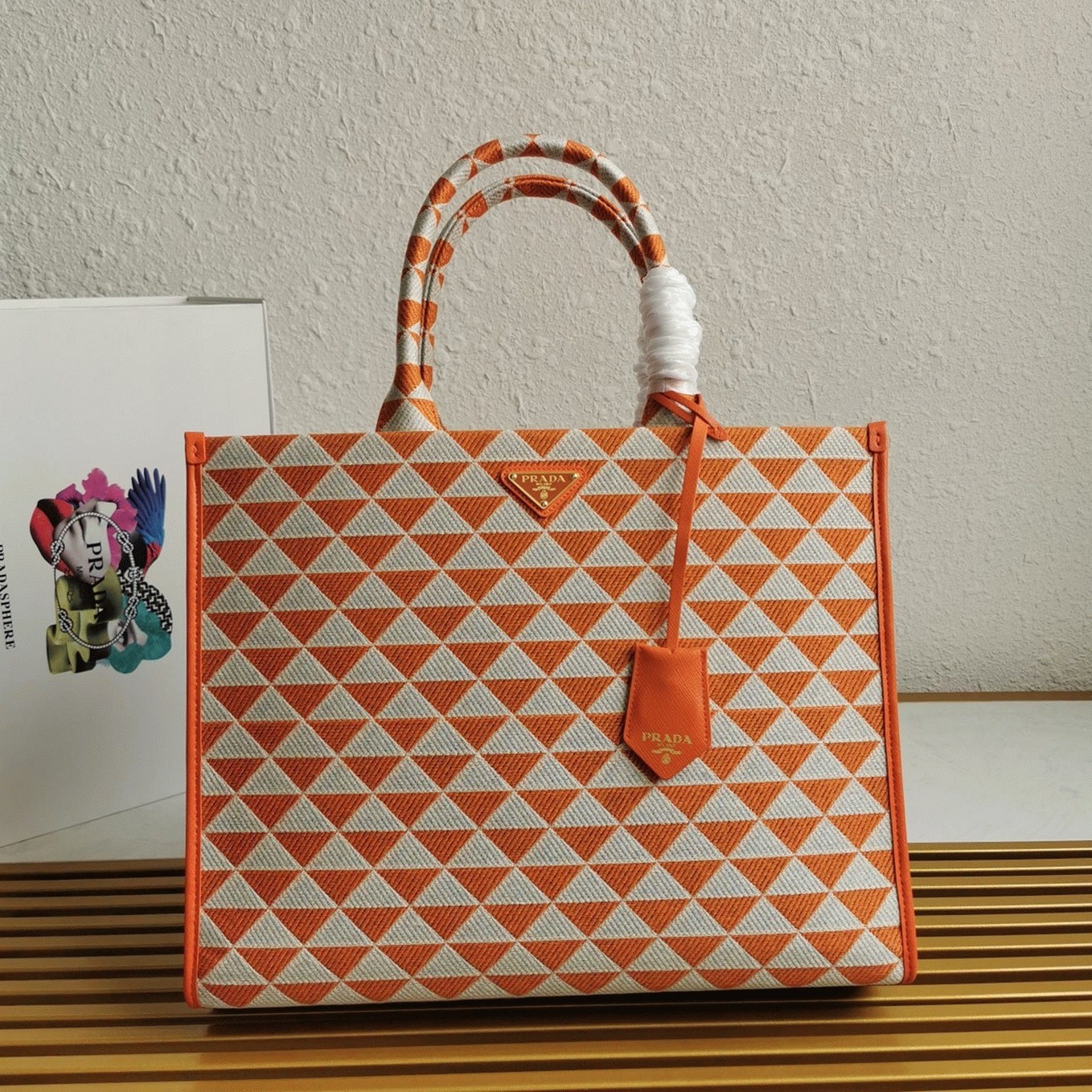 Prada Symbole Large Bag Imitation in Orange/White Jacquard Fabric angle 5