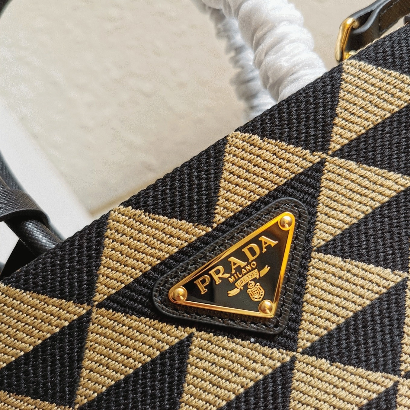 Prada Symbole Micro Bag Fake in Black/Beige Jacquard Fabric angle 4