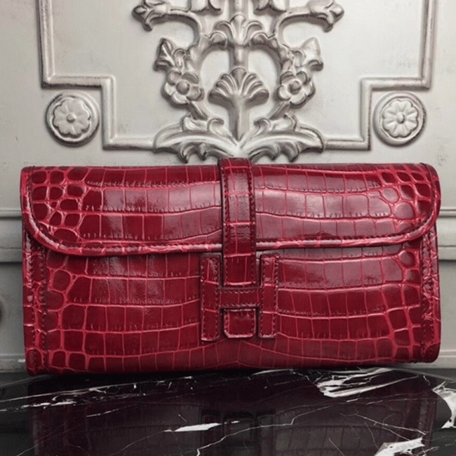Top luxury dark red crocodile leather replica Hermes Jige Elan clutch bag