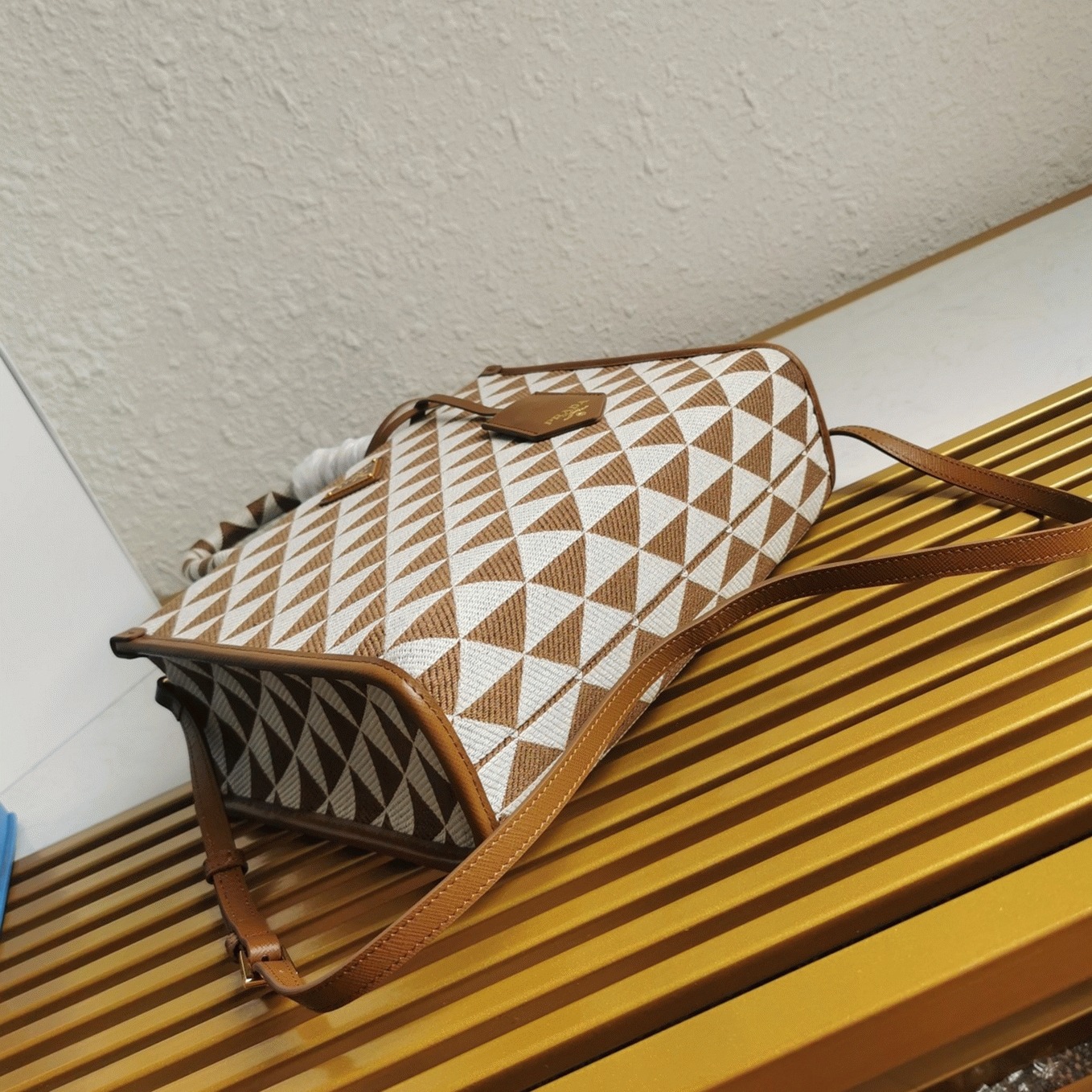Prada Symbole Large Bag Replica in White/Brown Jacquard Fabric angle 5