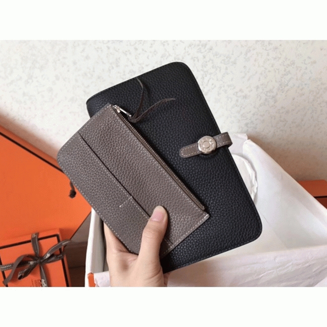 Black taupe knockoff Hermes Dogon duo wallet angle 3