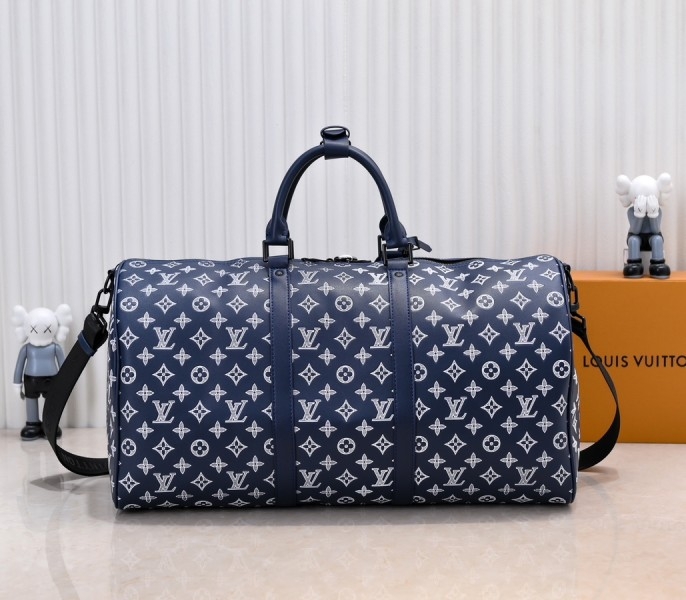 LV Monogram Shadow Keepall Bandouliere 50 In Navy Blue angle 3