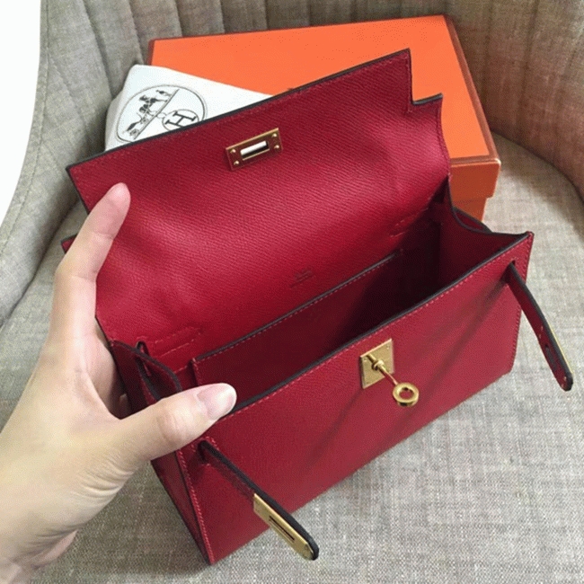 Rouge Vif Epsom Fake Hermes Kelly Pochette Red Bold Clutch angle 5