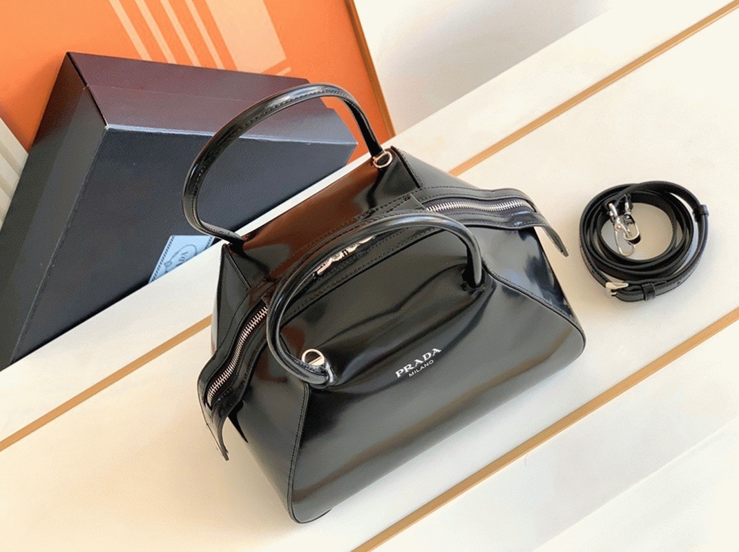Prada Supernova Small Top Handle Bag Replica in Black Brushed angle 4