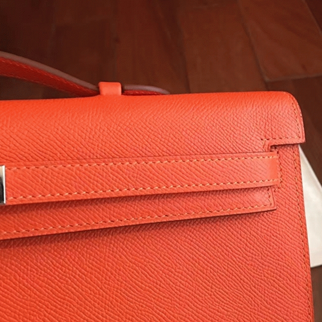 Orange Epsom Knockoff Hermes Kelly Cut Clutch Bold Handbag angle 3