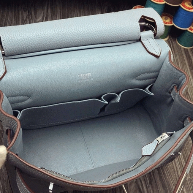 Blue lin fake designer Hermes Jypsiere 34cm handbag angle 5