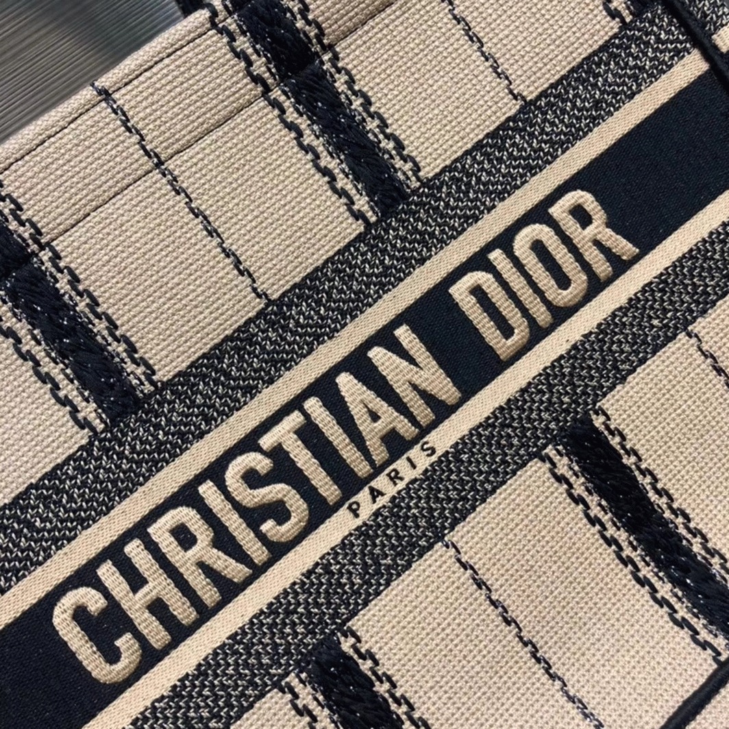 Dior Medium Book Tote Bag Fake in Black and Beige Bayadère Embroidered angle 2