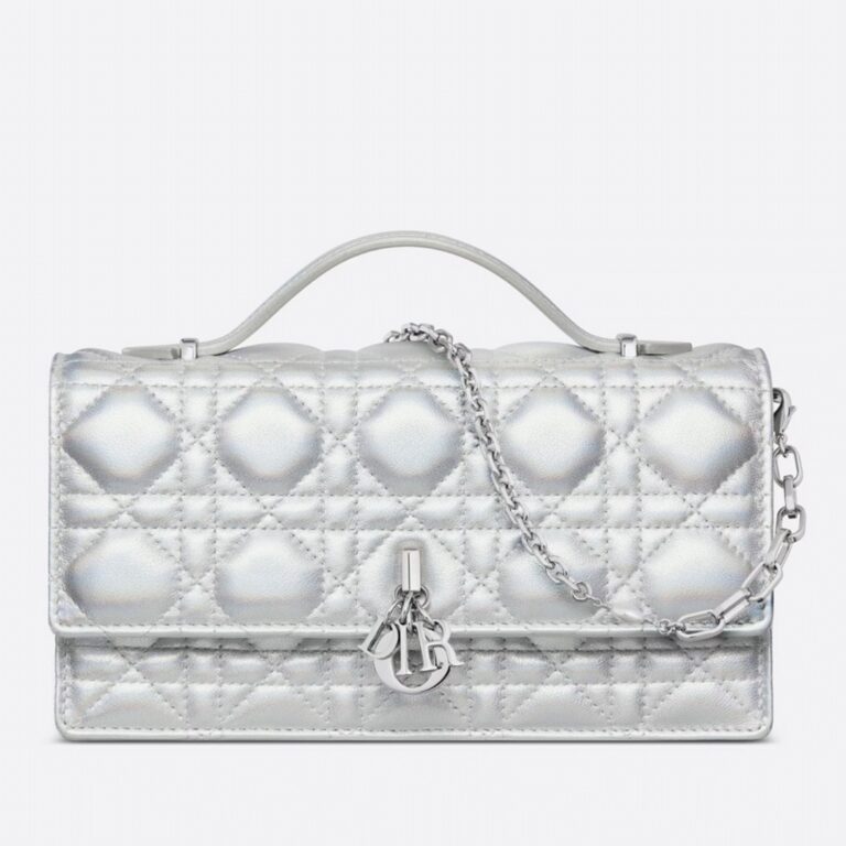 Dior Miss Dior Mini Bag Knockoff in Iridescent Metallic Silver Lambskin