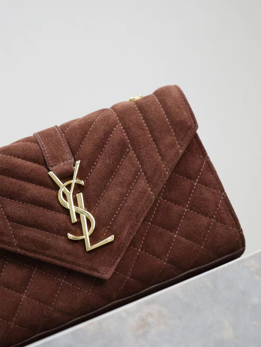 Saint Laurent Envelope Triquilt Small YSL Shoulder Bag in Suede angle 3