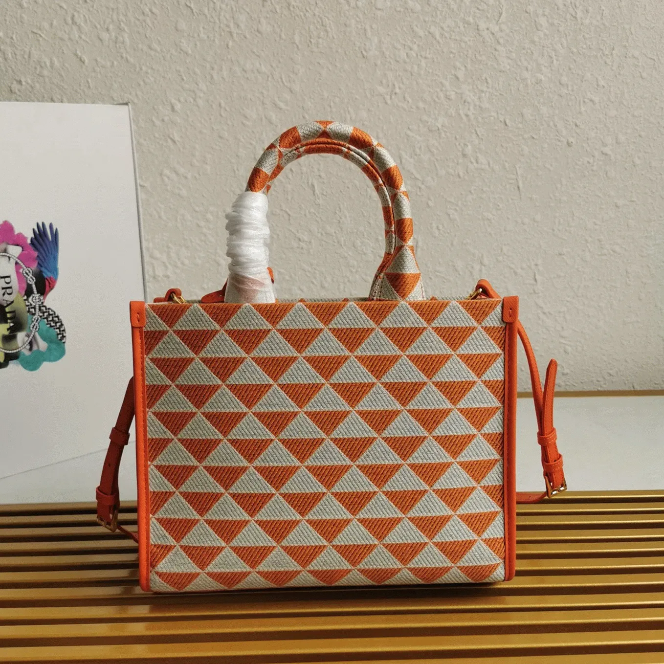 Prada Symbole Small Bag Fake in Orange/White Jacquard Fabric angle 3