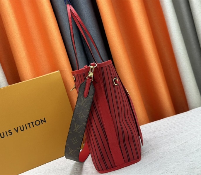 Louis Vuitton Neverfull Bandouliere Inside Out MM Tote In Monogram Canvas And Rouge Sari Textile angle 3