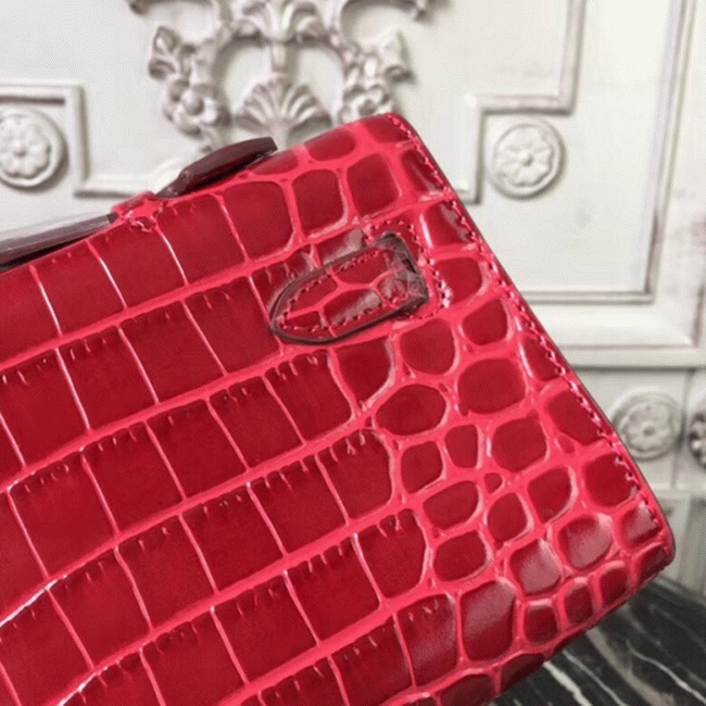 Red Crocodile Copy Hermes Kelly Cut Clutch Exotic Luxury Bag angle 3