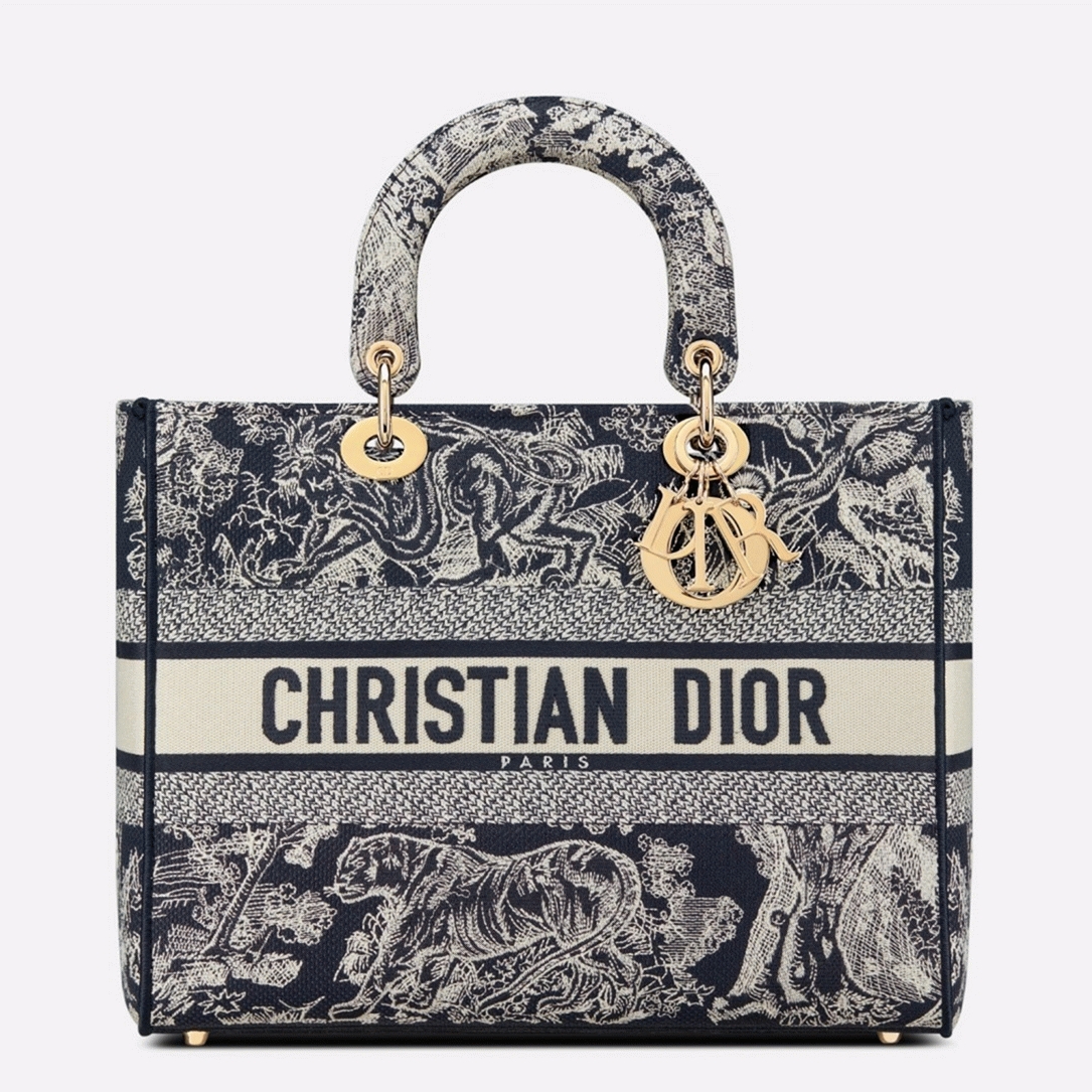 Dior Lady D-Lite Large Bag Fake in Blue Toile de Jouy Reverse Embroidery