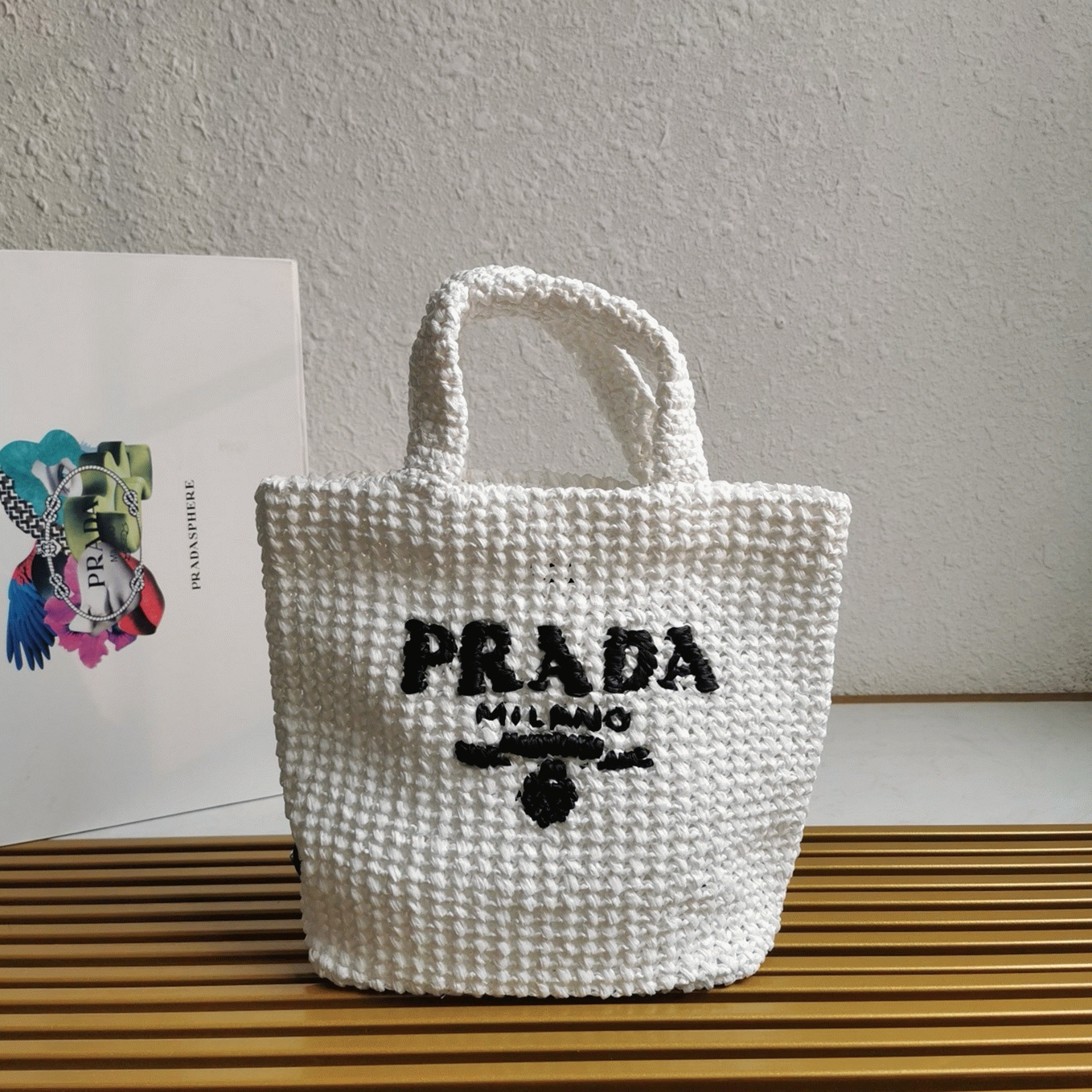 Prada Small Crochet Tote Bag Fake in White Raffia-effect Yarn angle 5