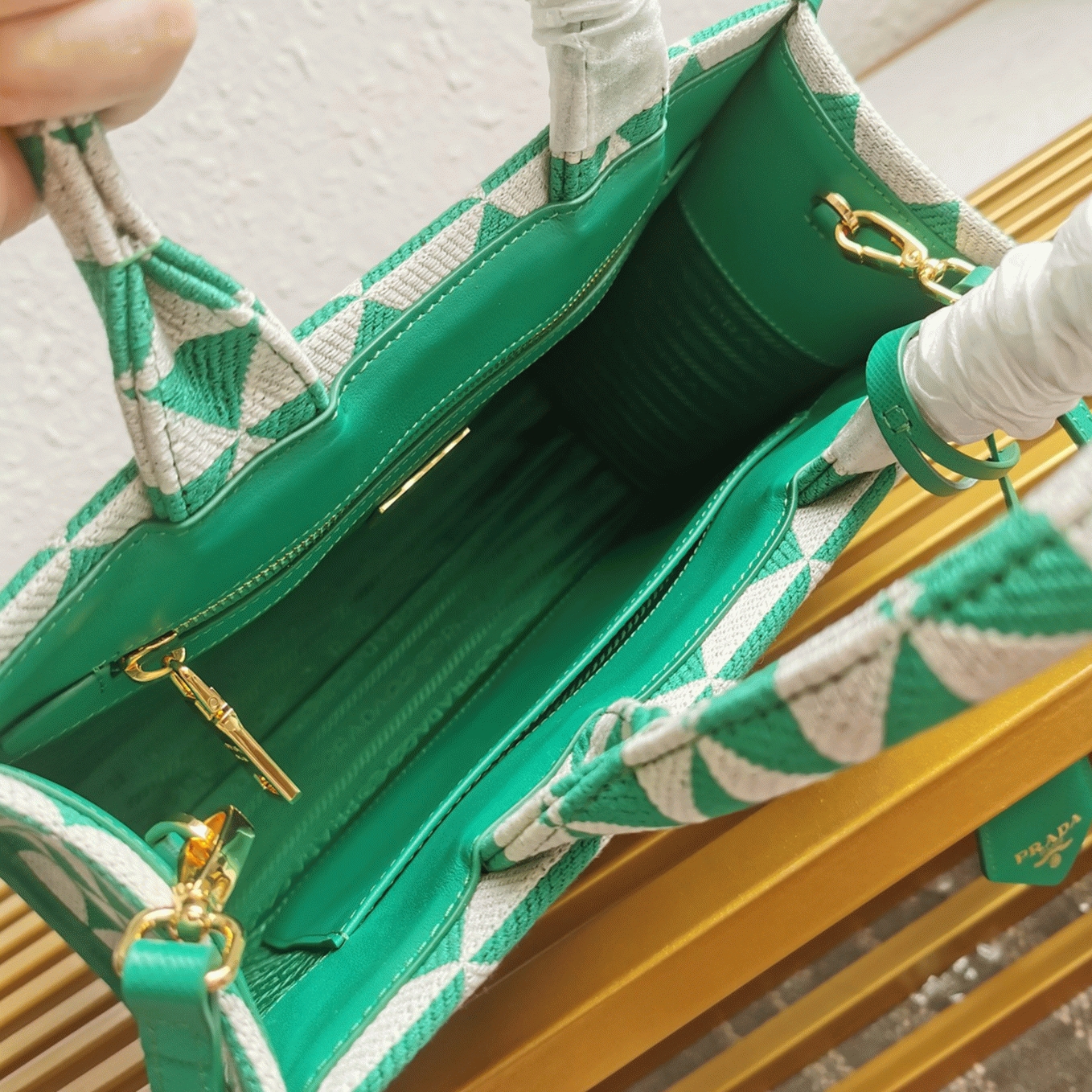 Prada Symbole Small Bag Replica in Green/White Jacquard Fabric angle 5