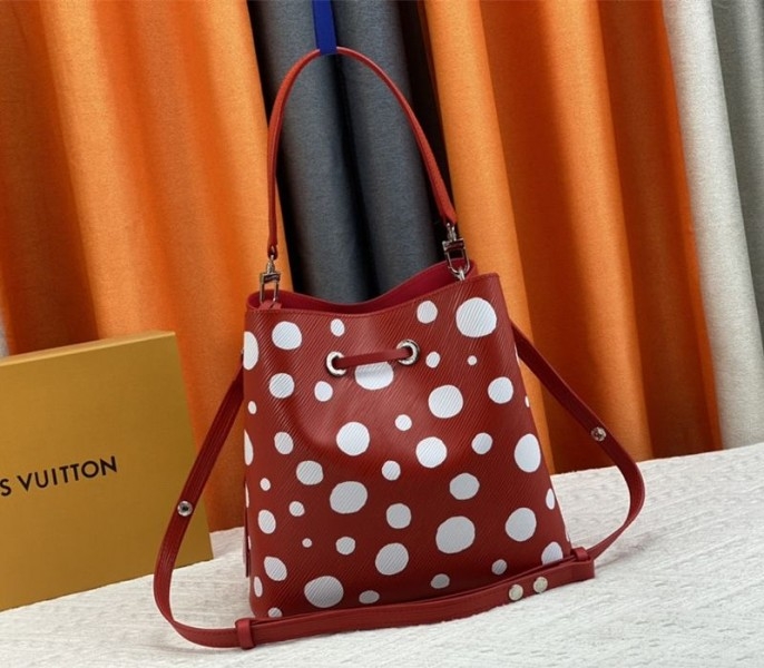 Louis Vuitton X YK Epi Leather NeoNoe MM Red Bag In White Infinity Dots angle 4