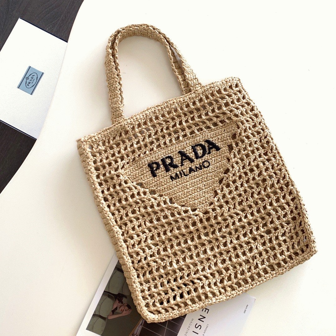 Prada Small Tote Bag Fake in Beige Woven Raffia angle 2