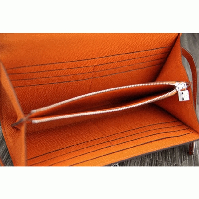 Orange cheap replica Hermes Kelly Longue wallet angle 2