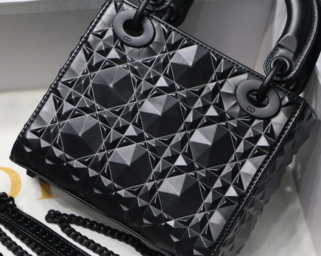 Dior Lady Dior Mini Bag in Black Calfskin with Diamond Motif angle 3