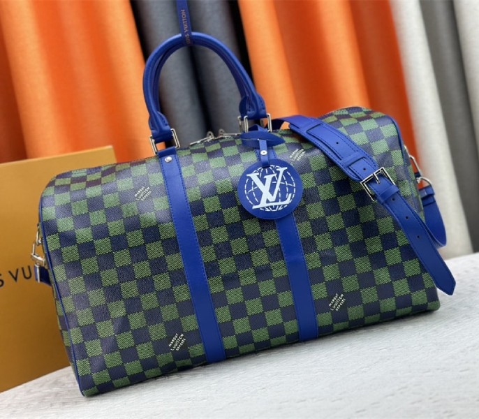 Louis Vuitton Damier Heritage Canvas Keepall Bandouliere 45 In Blue Green