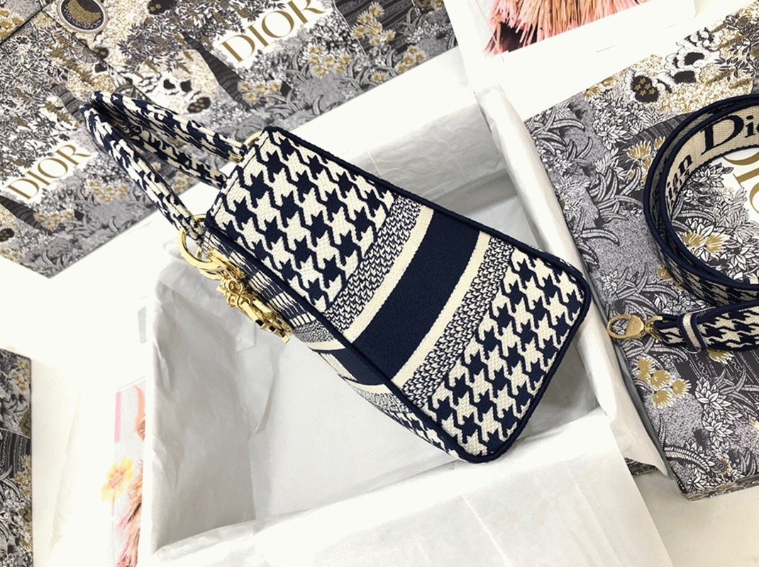 Dior Lady D-Lite Medium Bag Replica in Black White Houndstooth Embroidery angle 2