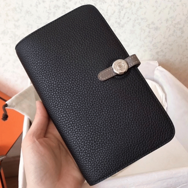 Black taupe knockoff Hermes Dogon duo wallet